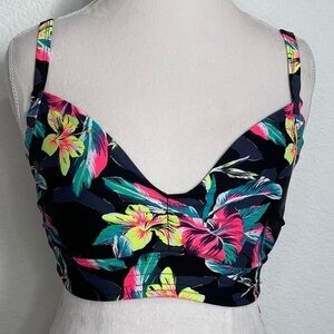 Heat Black & Floral Spice Island Tie Back Bralette Bikini Swim Top New D Cup